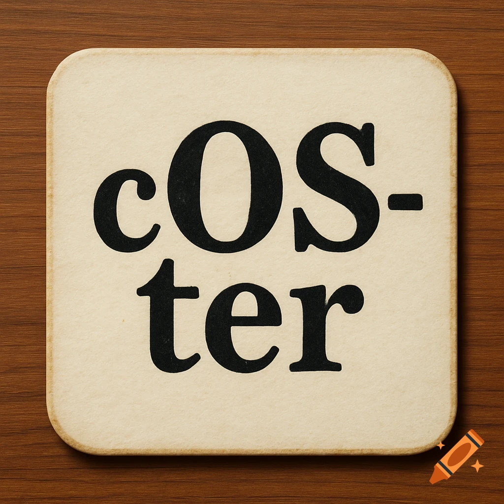 A close-up of a cream-colored square coaster with rounded corners, displaying the word 'cOS-ter' in black letters.