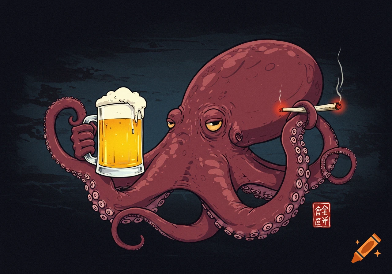A relaxed red octopus holds a beer mug and a lit joint in a traditional Japanese illustration style.