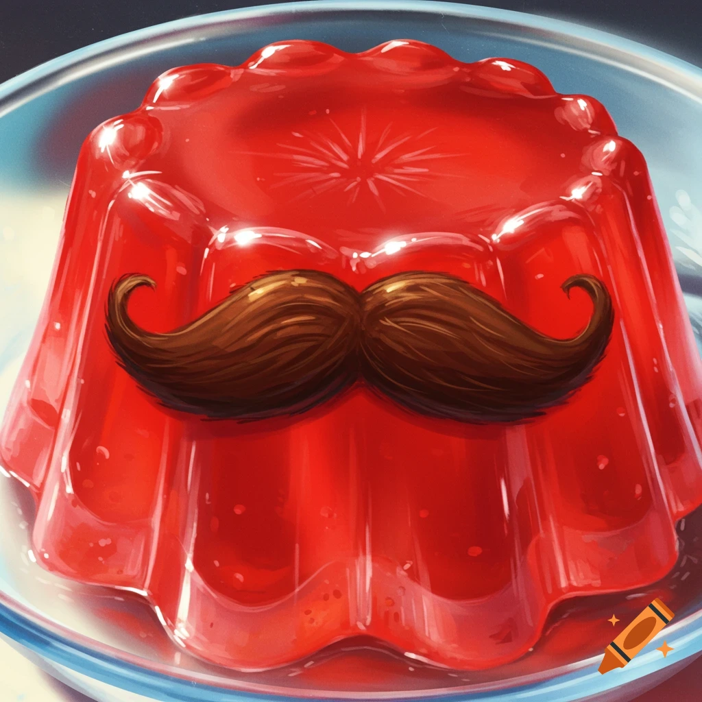 A red jello mold with a brown mustache in a clear bowl, realistic illustration.