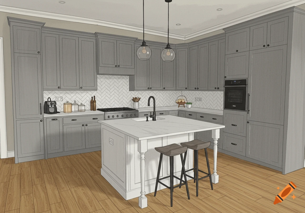 An L-shaped kitchen with stone grey cabinets, a white island, and herringbone backsplash. The floor is honey-colored wood planks.