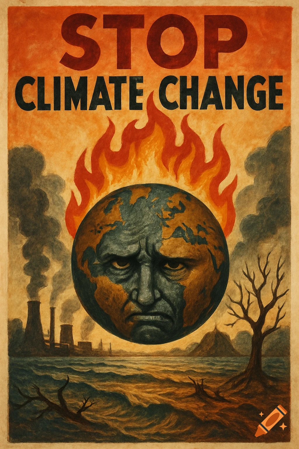 Vintage-style 'STOP CLIMATE CHANGE' poster with a frowning, burning Earth, industrial factories, and dead trees.