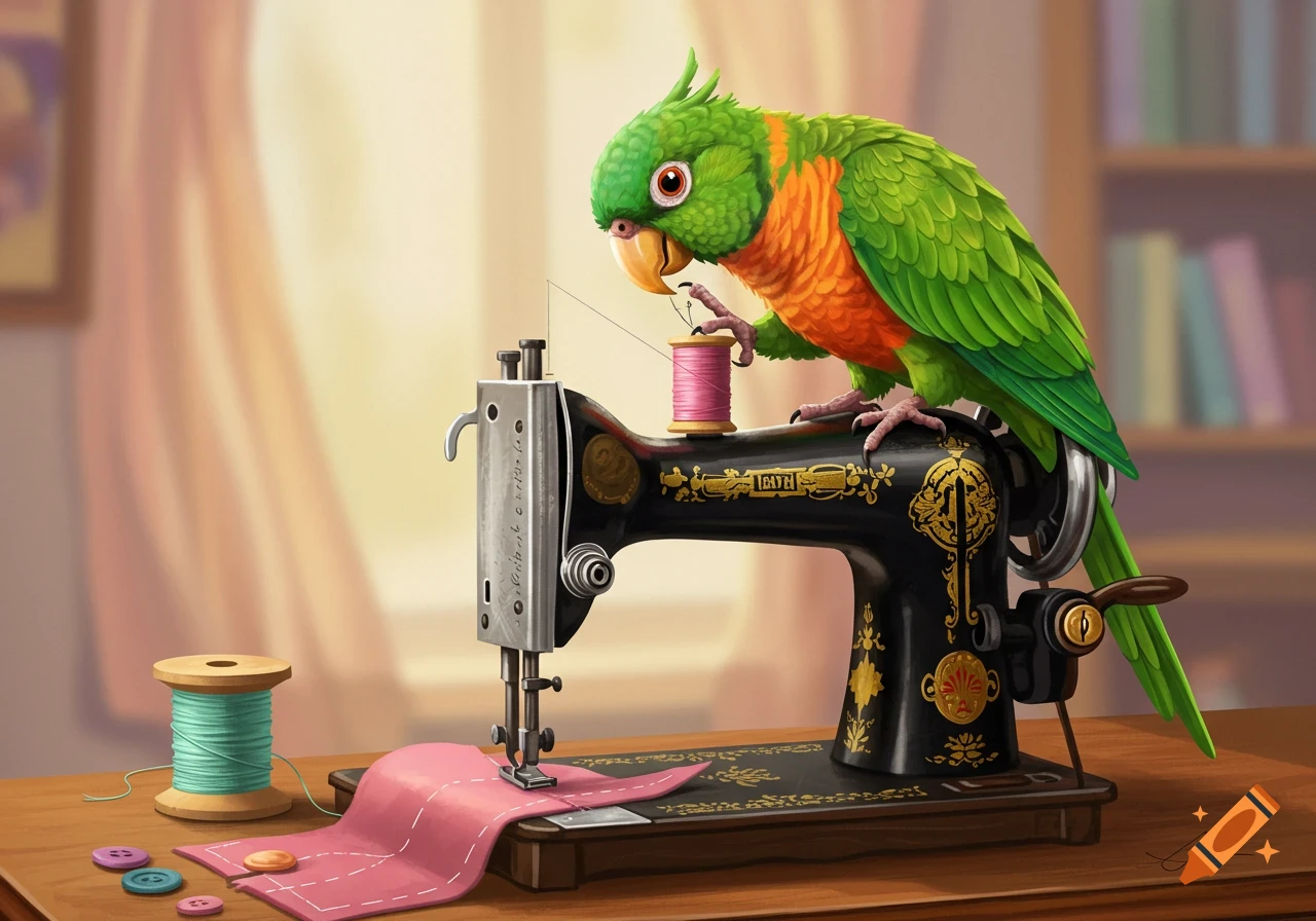 A vibrant green and orange parrot stands on a vintage black sewing machine, looking at pink thread on a spool.