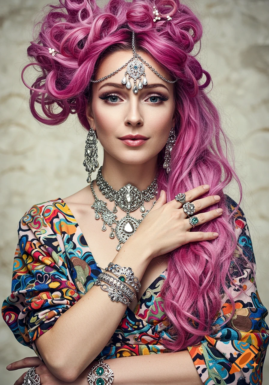 A woman with vibrant pink curly hair wearing an ornate silver headpiece, necklace, earrings, and bracelets, in a colorful patterned dress.