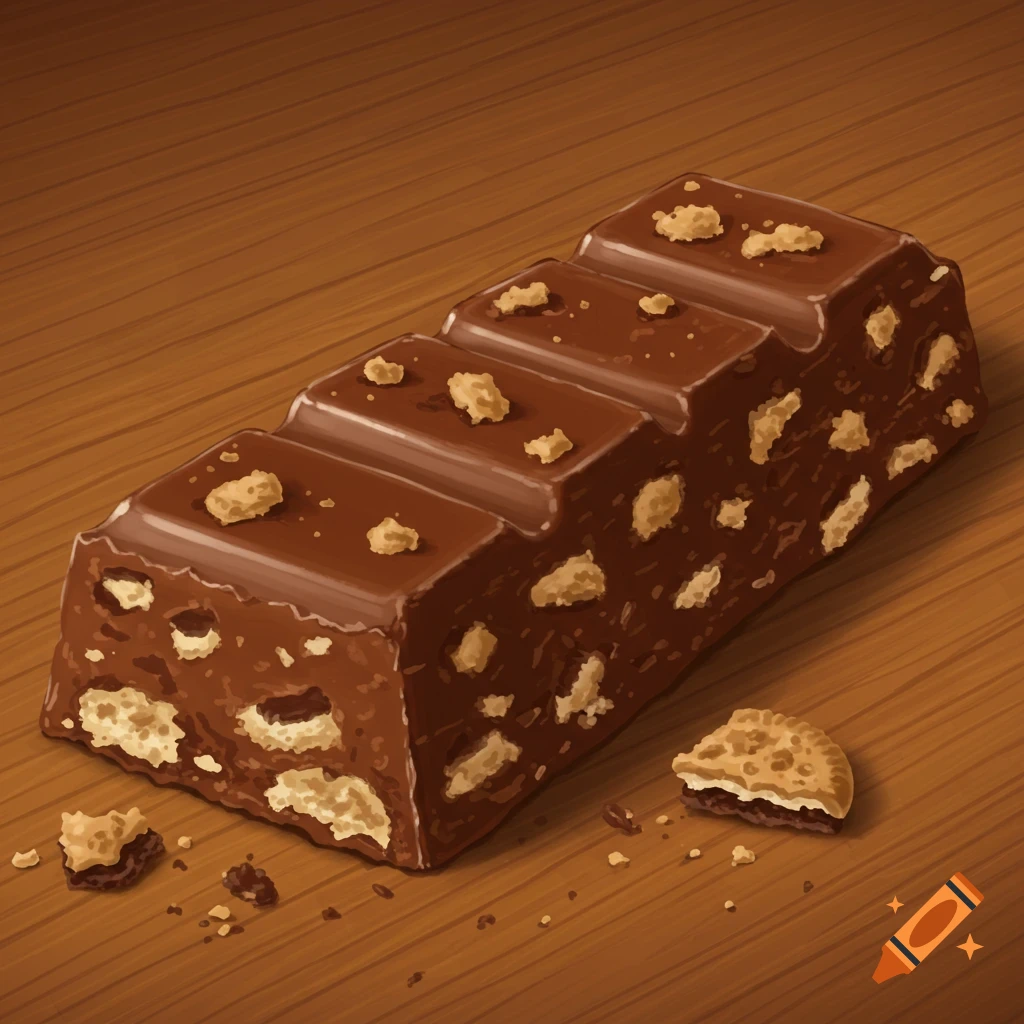 An illustrative rendering of a chocolate bar with cookie pieces and crumbs on a wooden table.