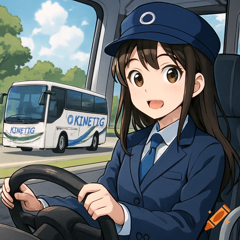An anime-style girl in a blue bus driver's uniform sits at the wheel of a bus, looking forward with a smile. Another bus is visible outside the window.