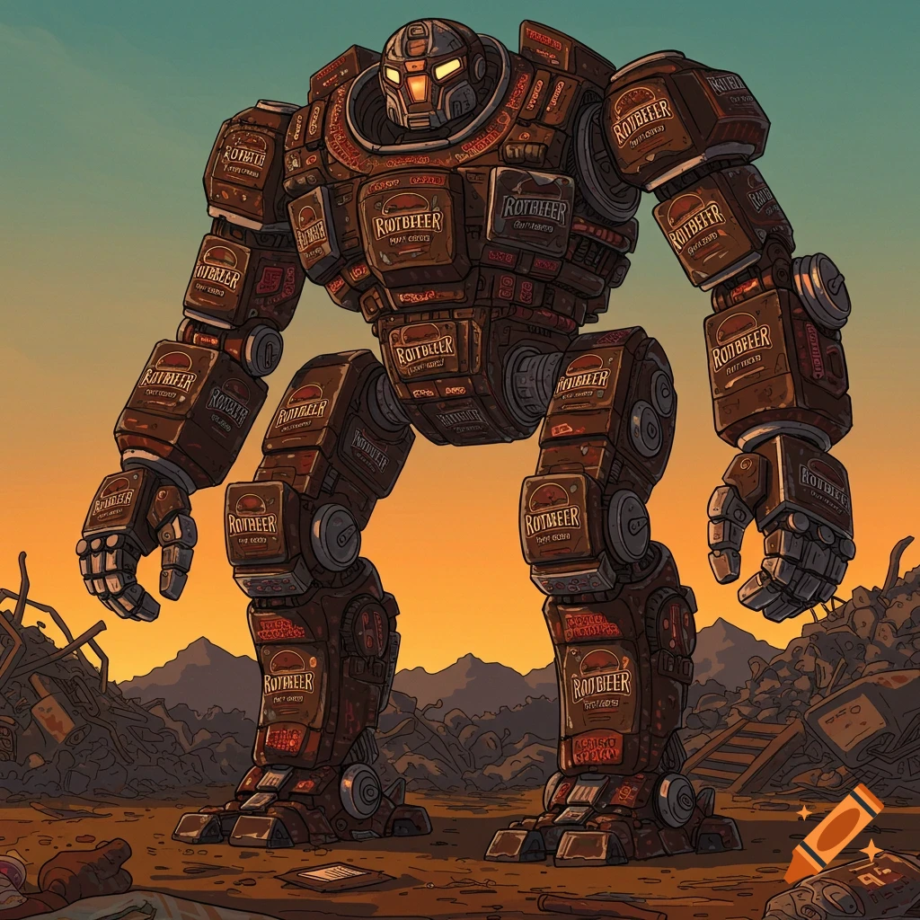 A large, stylized mech made of rootbeer cans stands in a desolate, trash-filled landscape under an orange and teal sky.