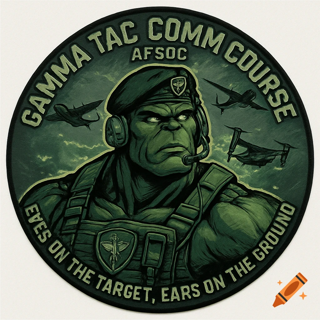 A circular military-style patch with a green, muscular figure in a beret and headset, flanked by aircraft, featuring text 'GAMMA TAC COMM COURSE' and 'Eyes on the Target, Ears on the Ground' in a comic book art style.