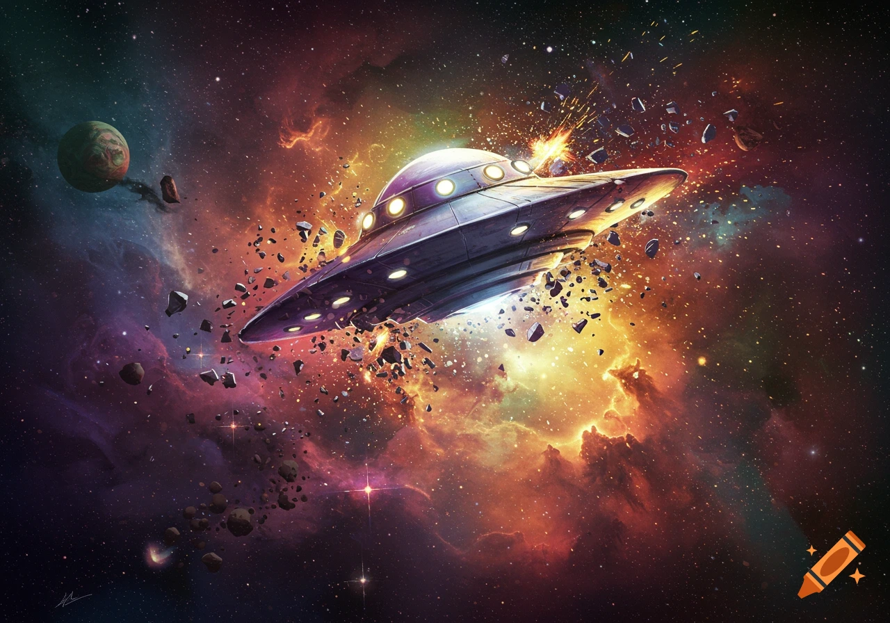 A purple and silver UFO tumbles through a vibrant, colorful nebula in space, surrounded by debris and a distant planet.