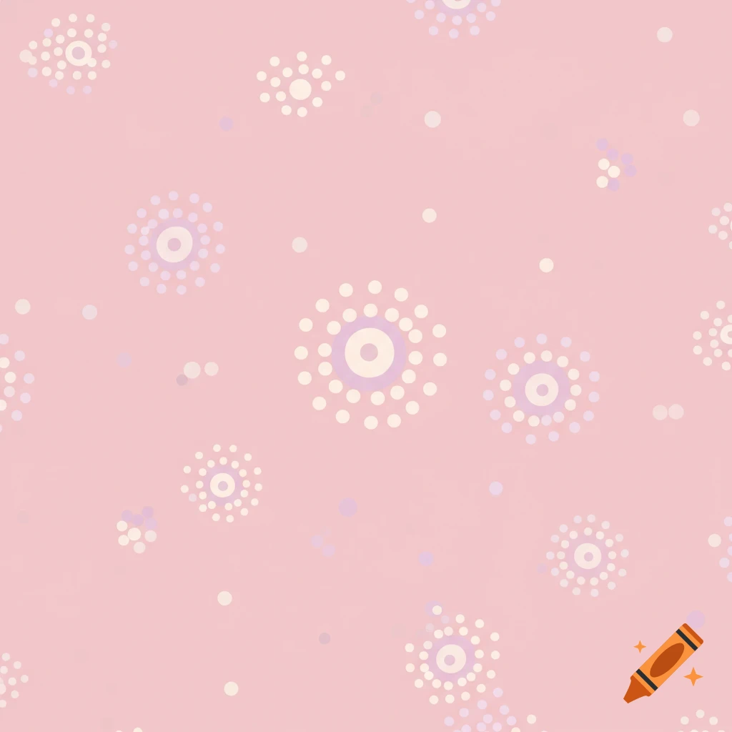 Abstract pattern featuring light lavender and cream dots on a pastel pink background, in an Aboriginal dot art style.