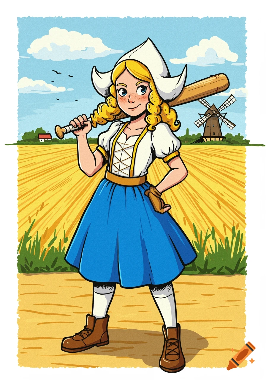 A cartoon girl in a Dutch costume with curly blond hair holds a baseball bat in a yellow field with a windmill and blue sky.