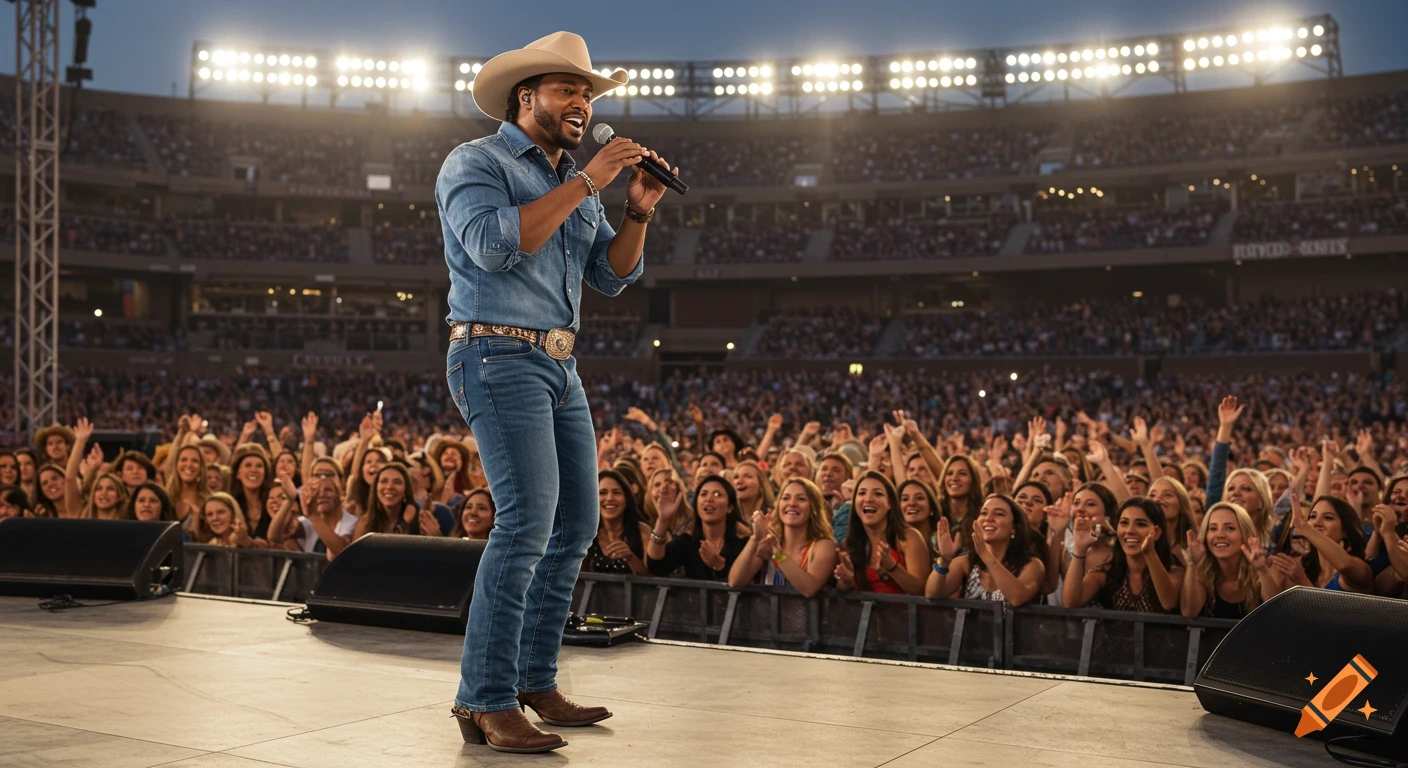 Realistic photo of a Black male country singer performing on stage to a large, excited crowd under bright stadium lights.