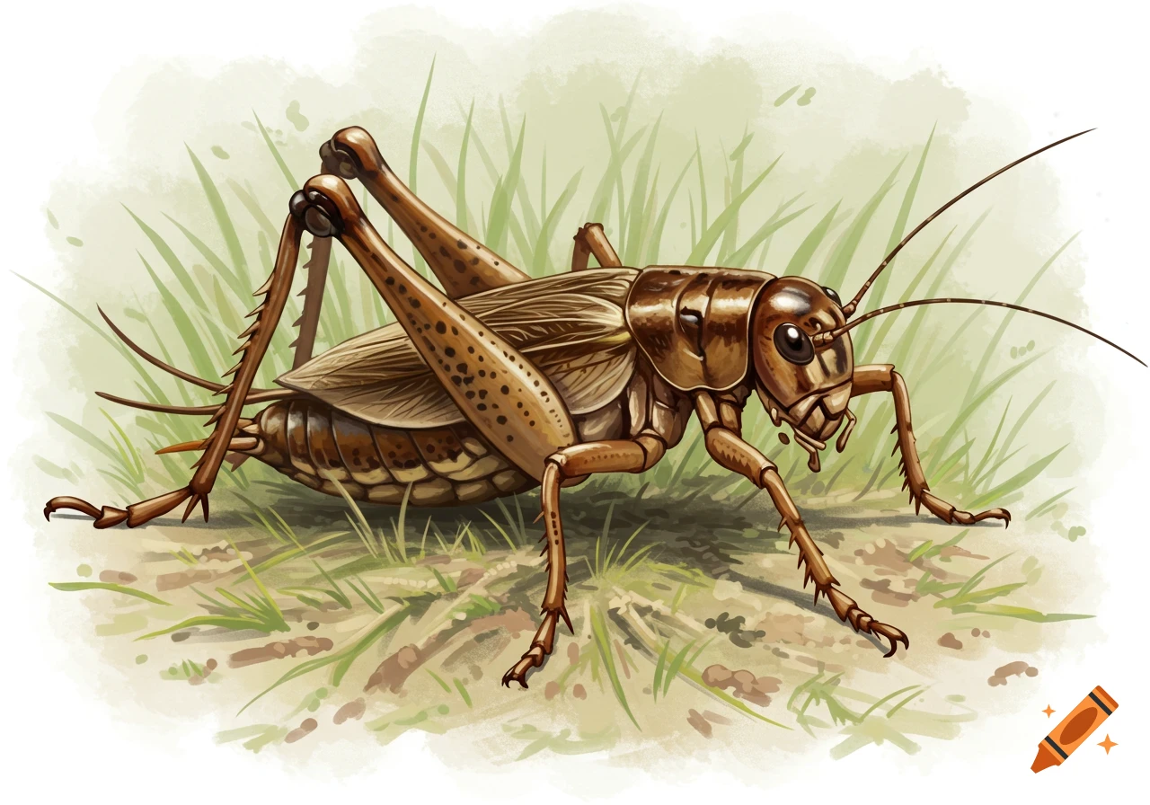 An illustrated brown cricket standing in green grass.