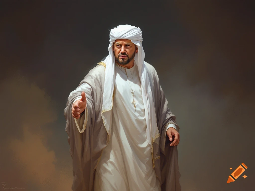 A man resembling Donald Trump, dressed in white robes and a white turban, gives a thumbs up.