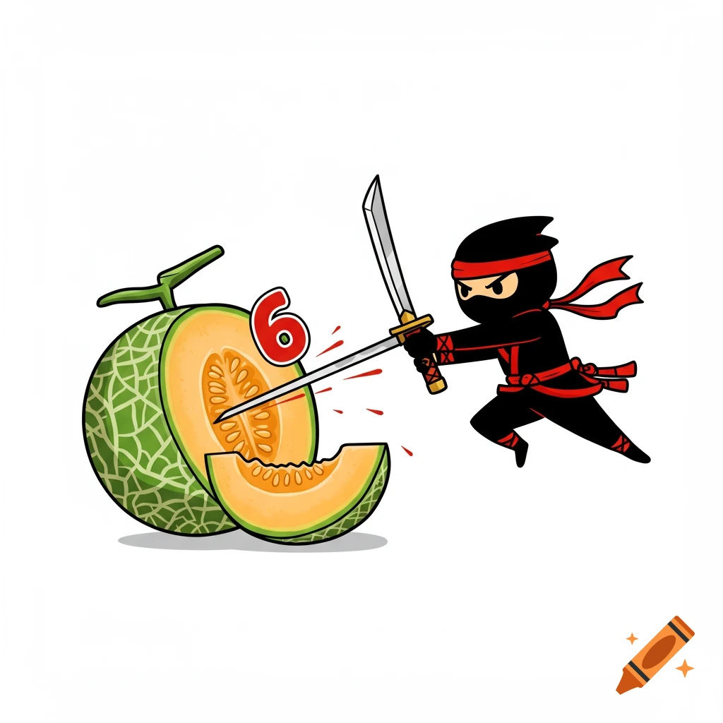 Cartoon black and red ninja slashing a cantaloupe with a large red number 6 on it.