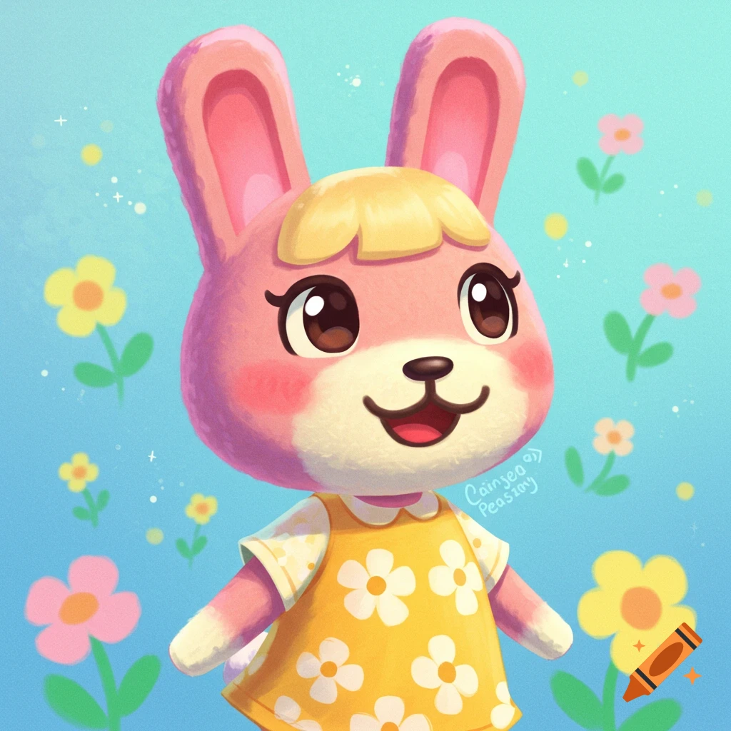 A pink rabbit-like Animal Crossing character wearing a yellow floral dress, smiling against a blue background with colorful flowers.
