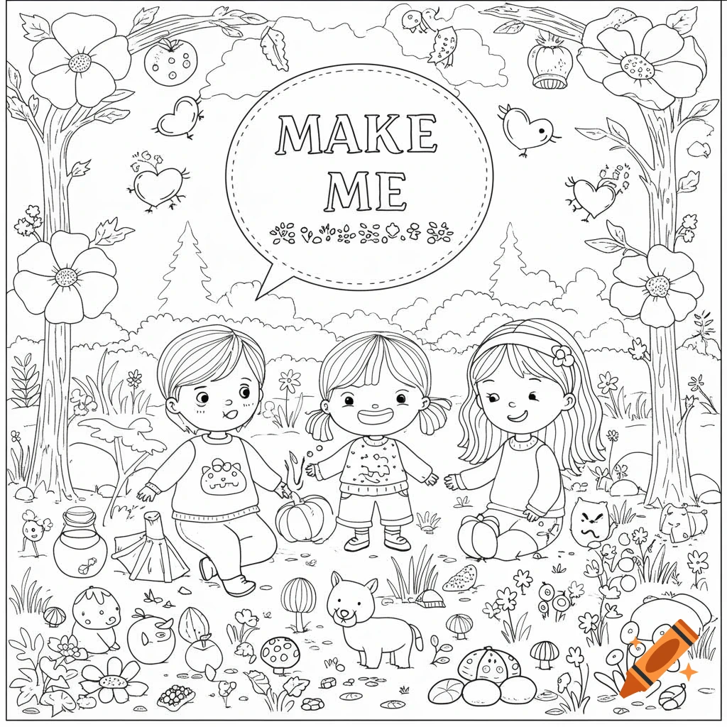 Black and white line art coloring page showing three happy children and a dog among trees, flowers, and pumpkins in a whimsical forest.