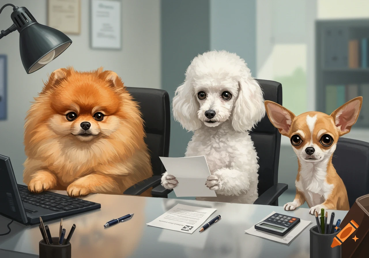 A Pomeranian, white poodle, and chihuahua are sitting at an office desk. The poodle holds a paper, the Pomeranian is by a laptop.