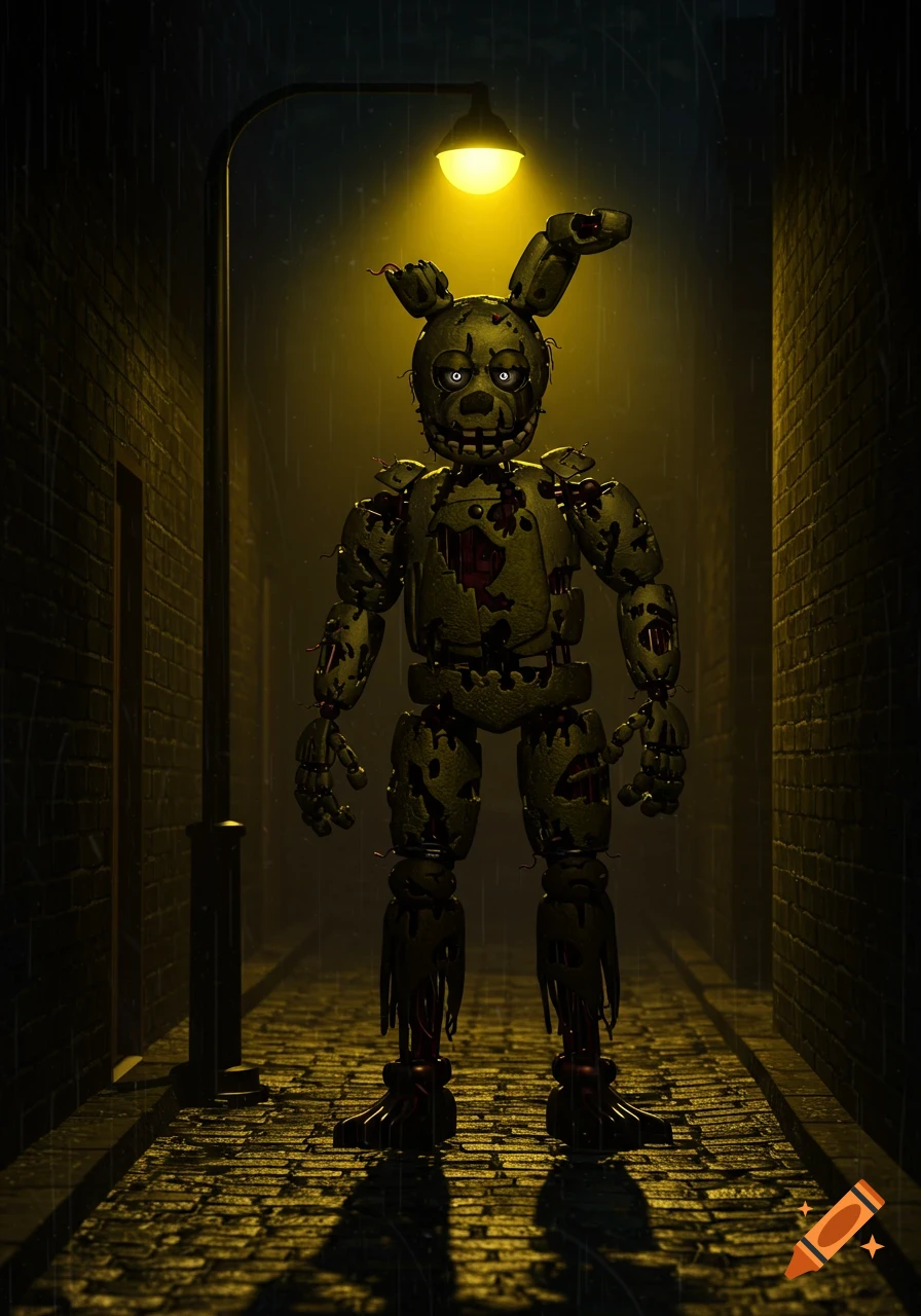 Springtrap, a decaying green animatronic rabbit, stands in a dark, rain-soaked alley under a glowing yellow streetlamp, casting long shadows.