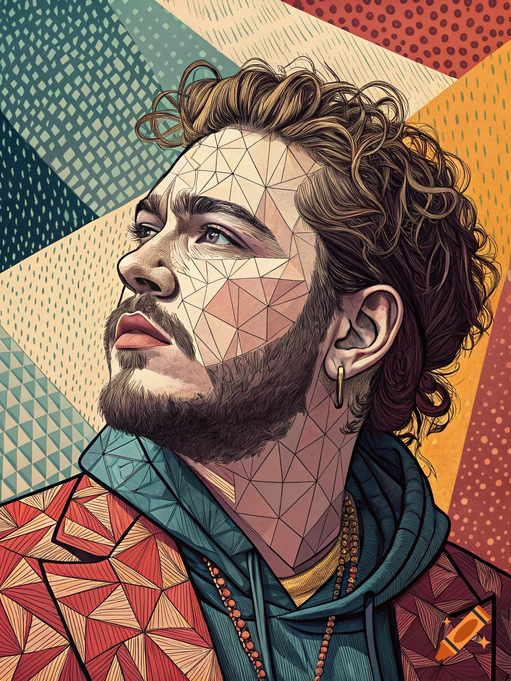 Cubism pop art portrait of Post Malone with geometric lines on his face, looking up.