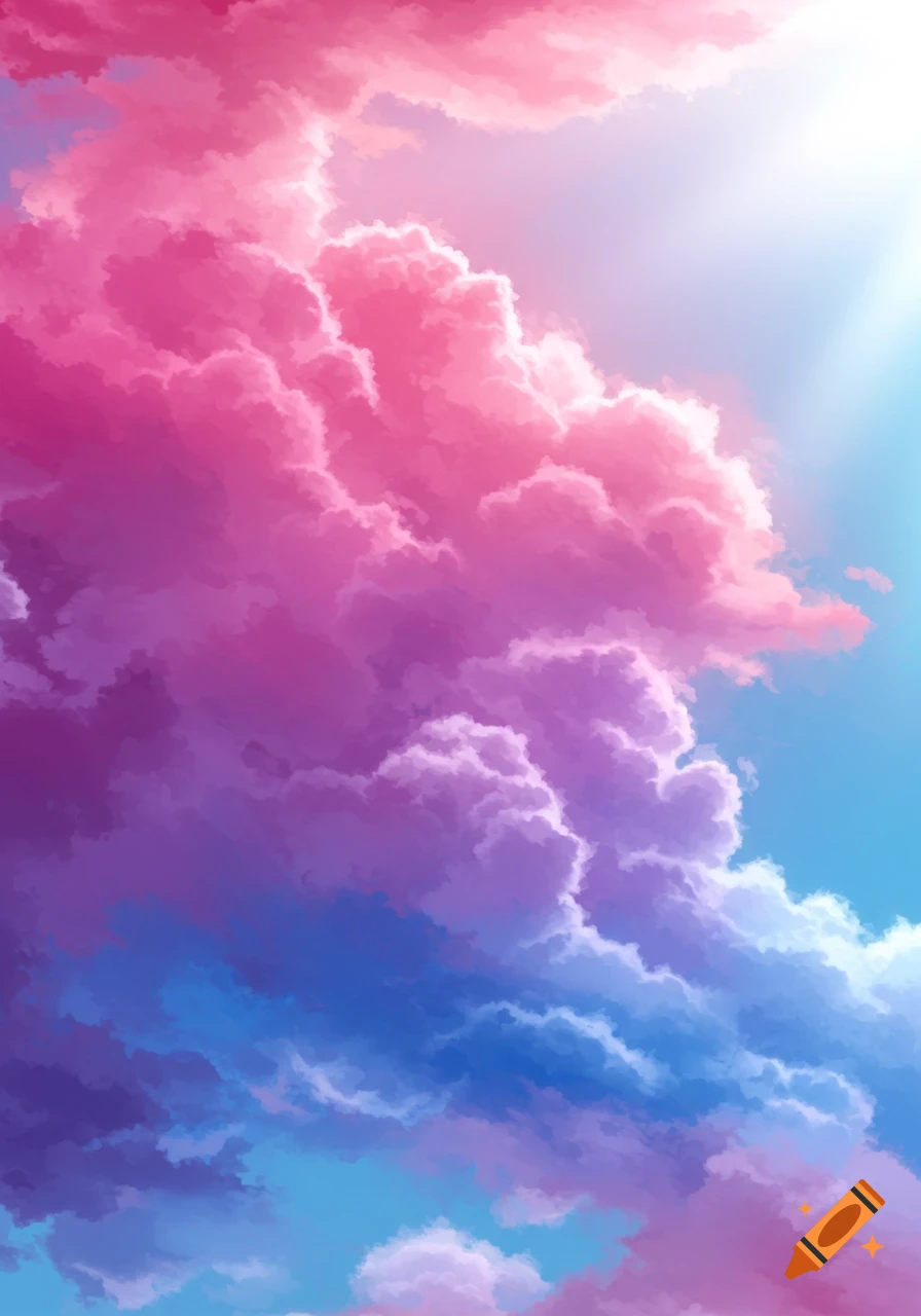Vibrant pink, purple, and blue clouds fill the sky, with a bright light shining from the upper right corner.