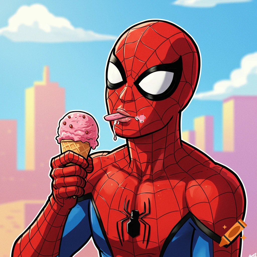 Spiderman in his red and blue suit eats a melting pink ice cream cone, with a city skyline background, in a cartoon style.