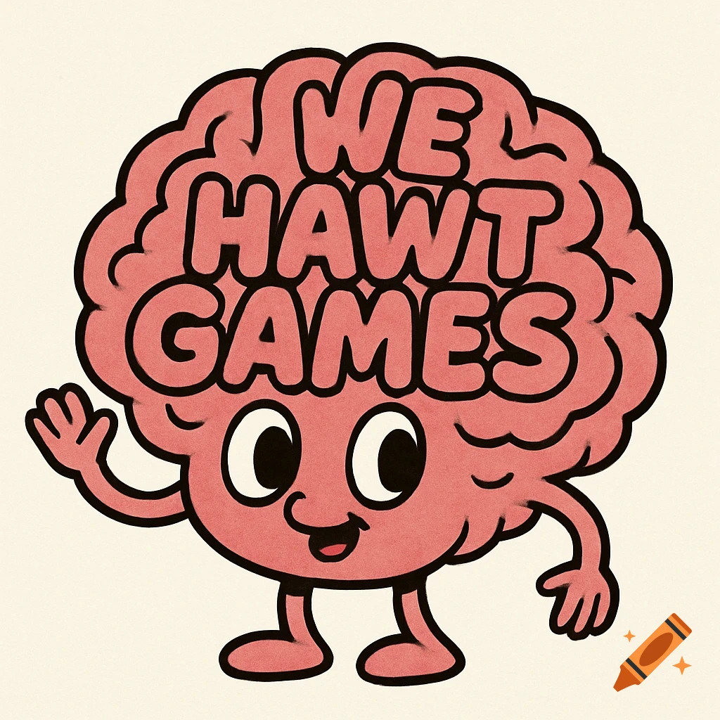 A cute pink cartoon brain with arms and legs, smiling and waving, with "WE HAWT GAMES" written on its surface.