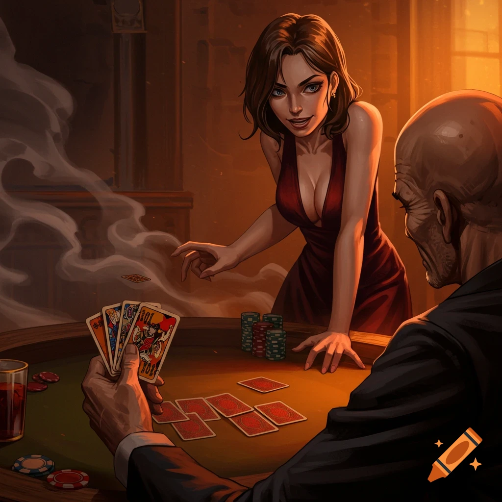 Stylized illustration of a woman in a red dress watching a man's hand of cards at a poker table.