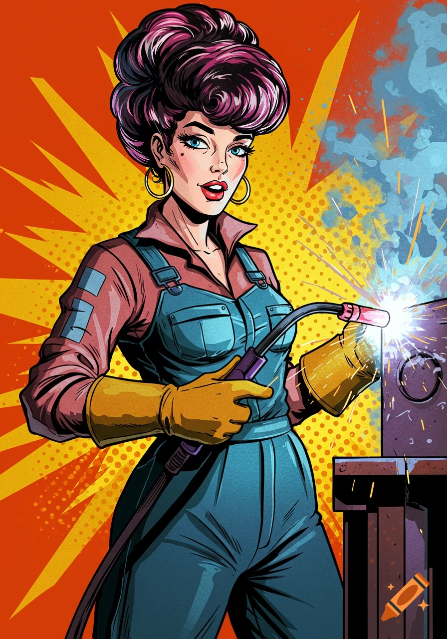 Pop art illustration of a woman welder in blue overalls and yellow gloves, welding with sparks, on a vibrant pop art background.