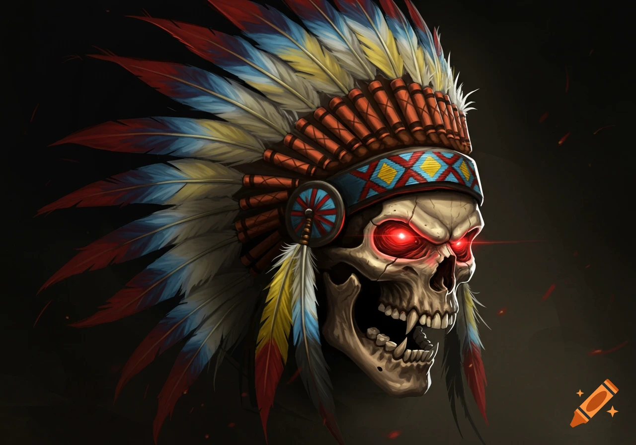 Stylized human skull with glowing red eyes wearing a colorful Native American feather headdress, digital art.