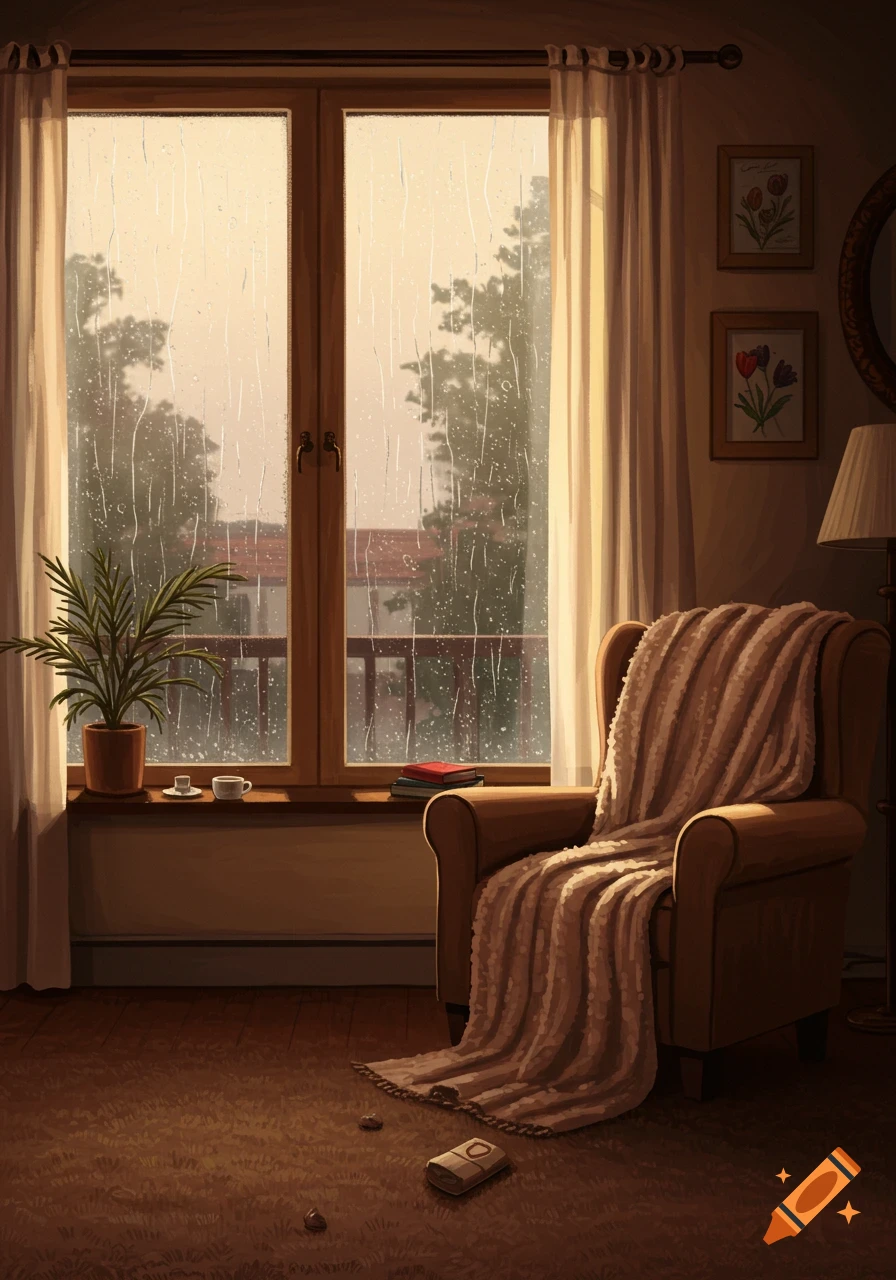 A cozy room with an armchair, plant, and books by a window with rain streaking down the glass, illuminated by soft light.