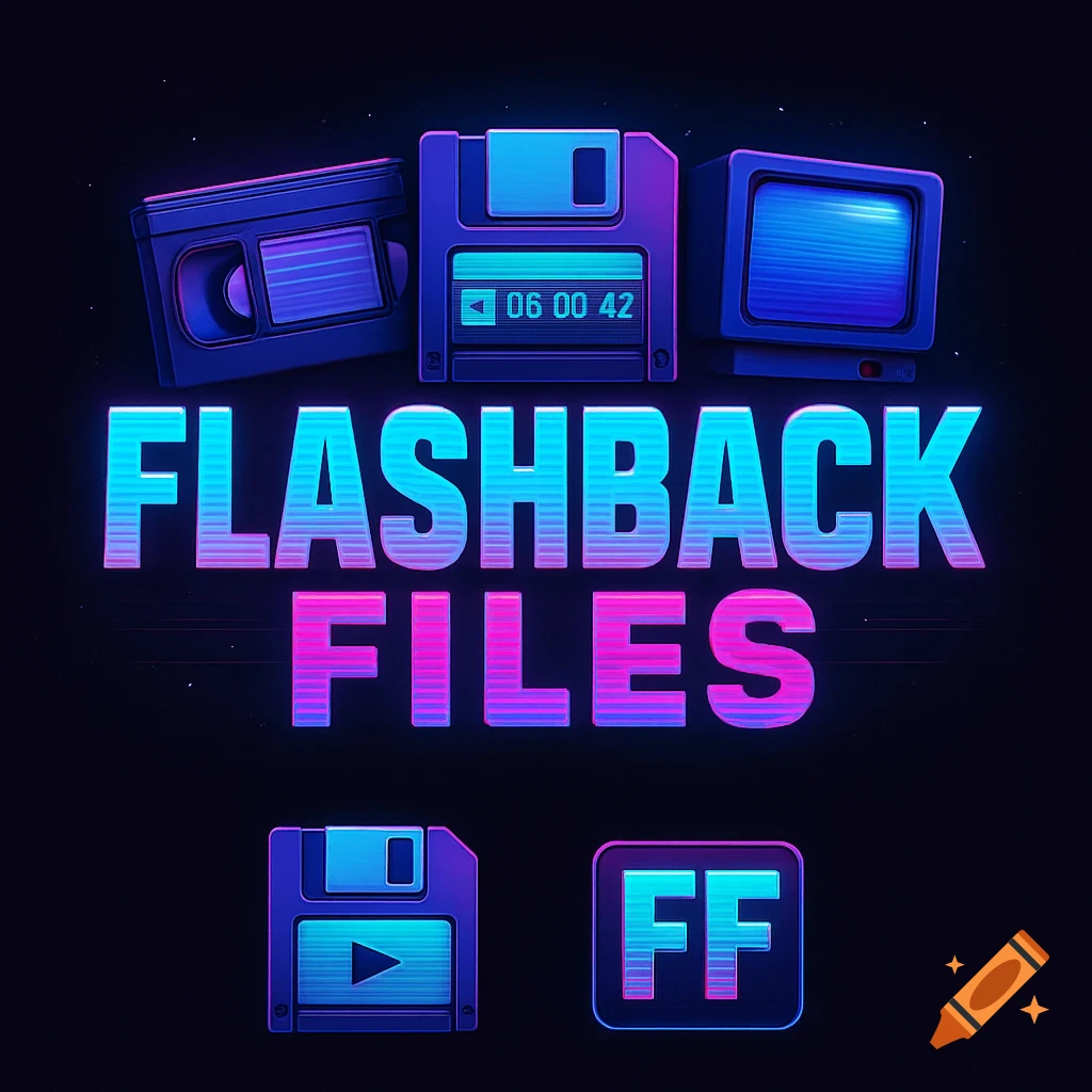Retro-futuristic logo with 'FLASHBACK FILES' in neon pink and blue, featuring VHS tape, floppy disk, CRT monitor, and an 'FF' icon.