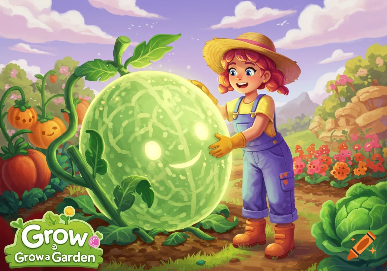 Cartoon illustration of a smiling gardener holding a large glowing melon with a happy face in a vibrant garden, with other smiling vegetables.