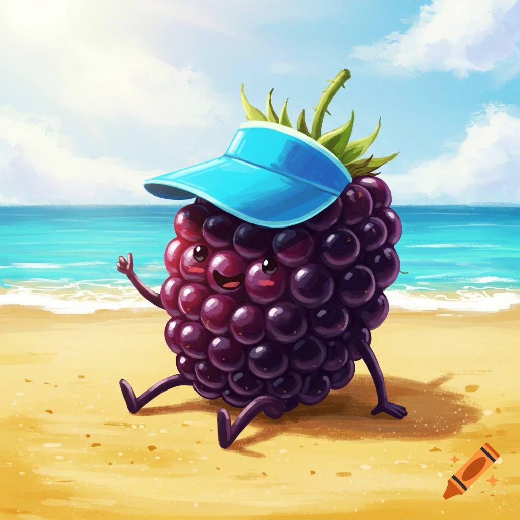 A cute, smiling cartoon blackberry wearing a blue sun visor sits on a sandy beach next to the ocean under a sunny sky.