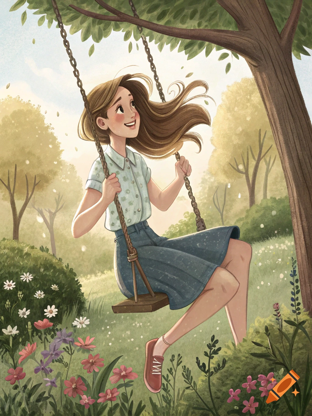 Smiling young woman on a tree swing in a sunlit park with lush greenery and colorful flowers, whimsical illustration style.