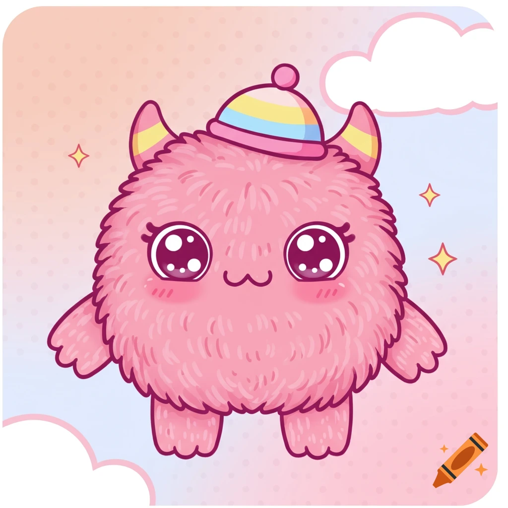 A cute pink fluffy monster with large eyes and a striped hat, set against a pastel background with clouds in a cartoon illustration style.