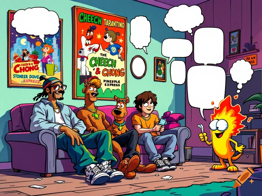 A colorful cartoon scene of Snoop Dogg, Shaggy, Scooby-Doo, and a man resembling Seth Rogen on a couch with a cheerful flame character. Movie posters for Cheech & Chong and Pineapple Express are in the background.