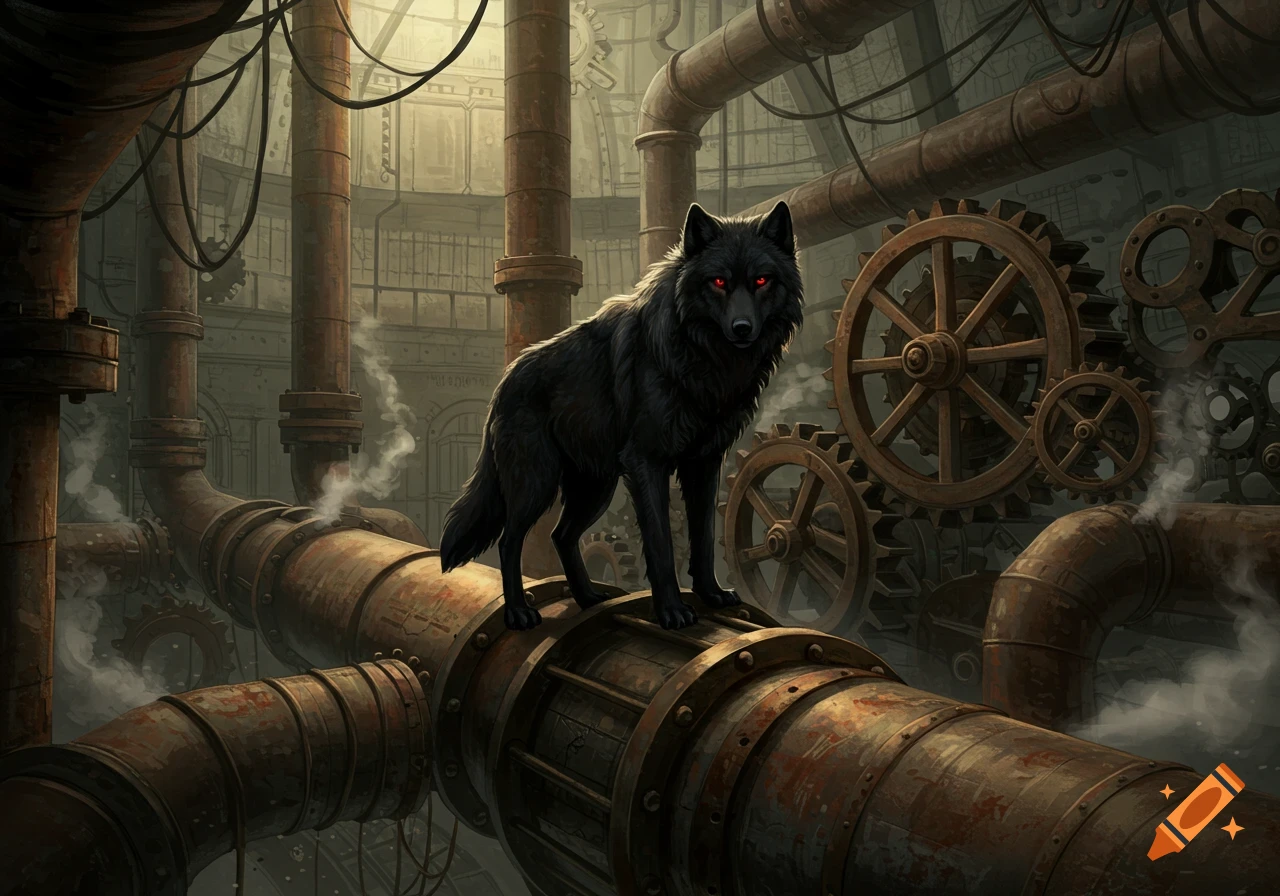 A black wolf with glowing red eyes stands on a large pipe amidst a complex industrial room filled with pipes and gears.