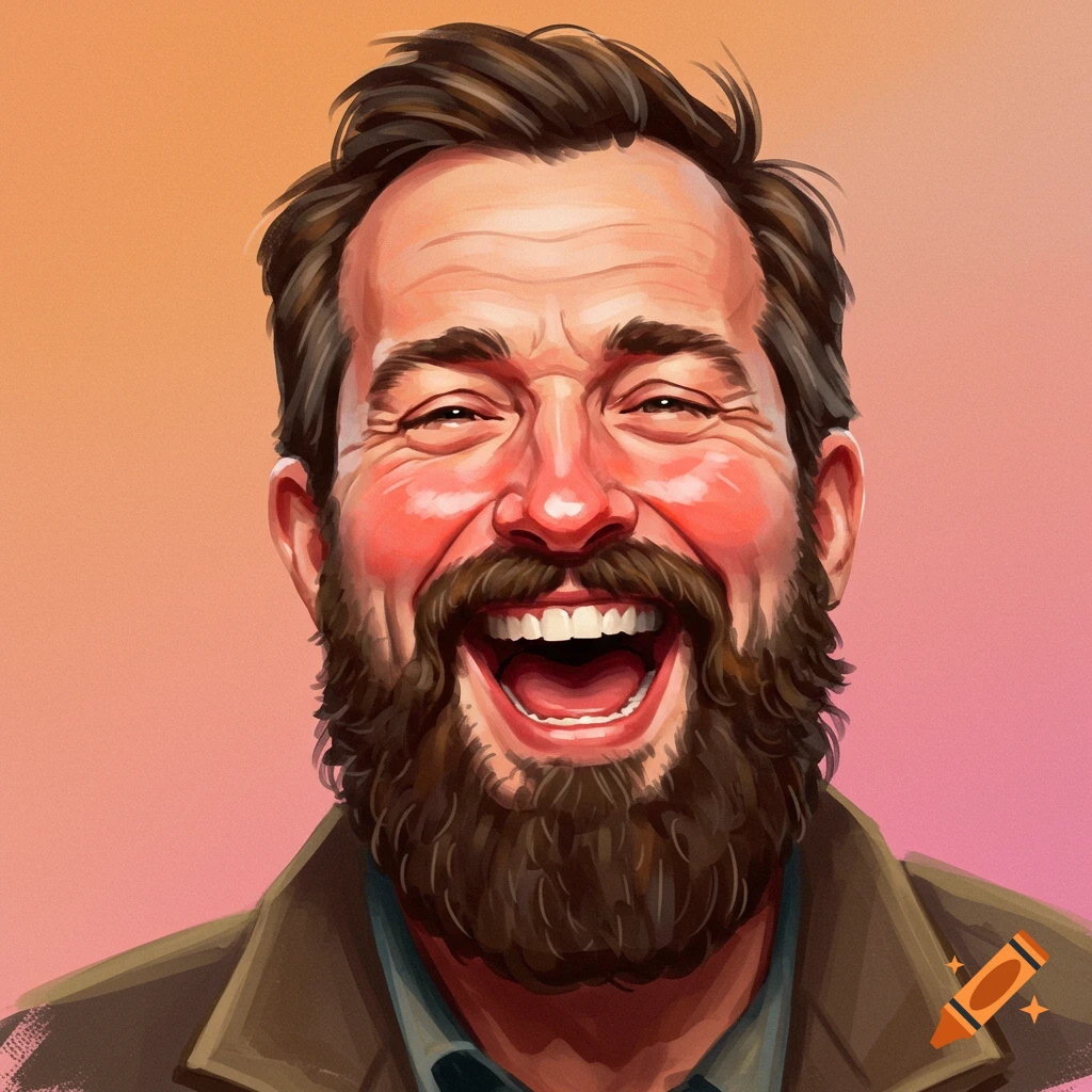 An illustrated portrait of a laughing man with a beard on an orange and pink gradient background.