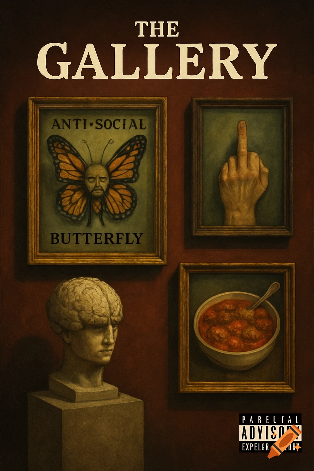 An album cover titled "THE GALLERY" featuring three framed paintings and a brain sculpture. The paintings include a man's face with butterfly wings, a middle finger, and a bowl of meatballs. A Parental Advisory label is in the corner.
