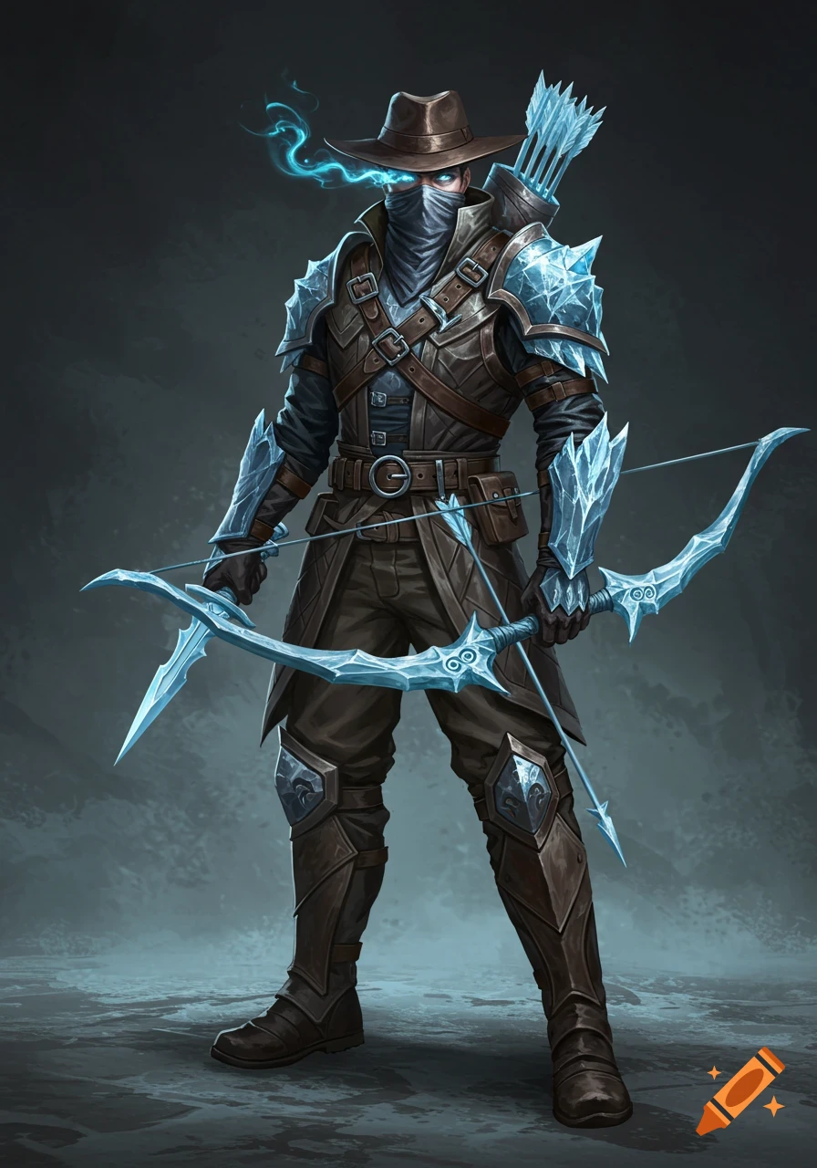 A male fantasy hero with glowing blue eyes, wearing a fedora and scarf, with ice armor and an ice bow ready to fire.