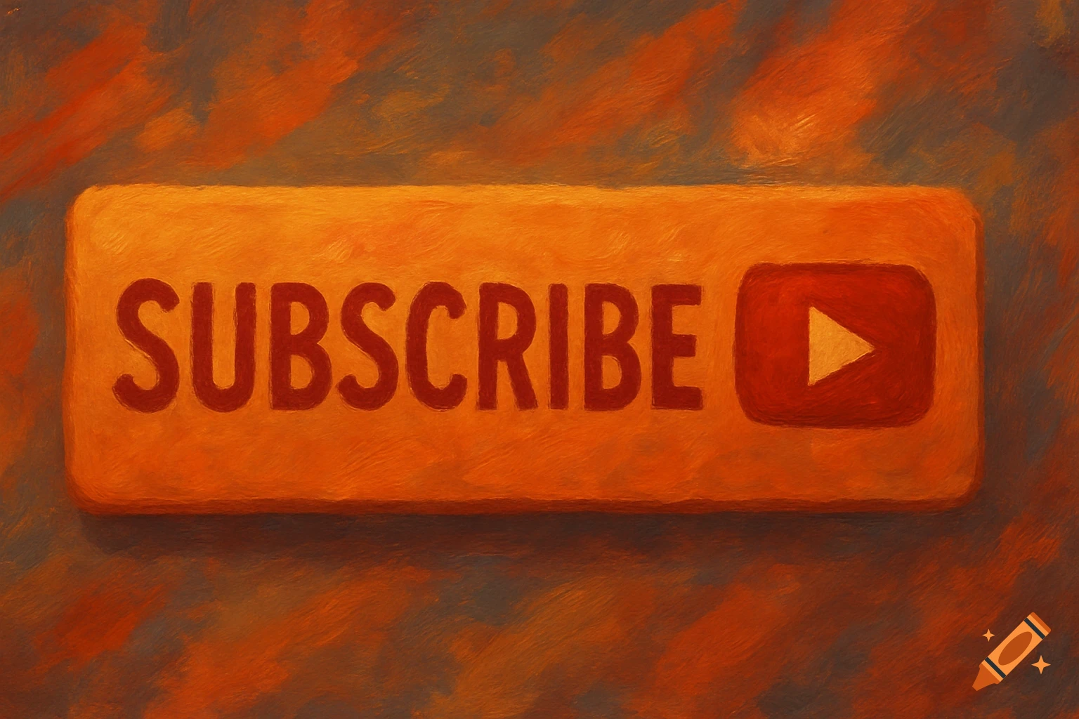 A textured orange subscribe button with red text and a YouTube play button logo on a darker, painterly background.
