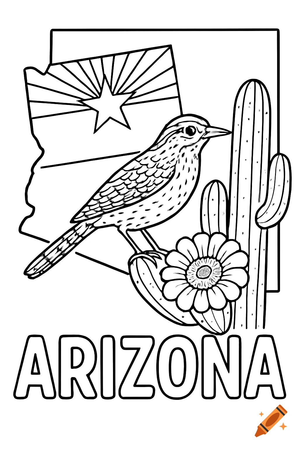 A black and white coloring page featuring the state of Arizona outline, its flag, a cactus wren, saguaro cactus with blossom, and the word ARIZONA.