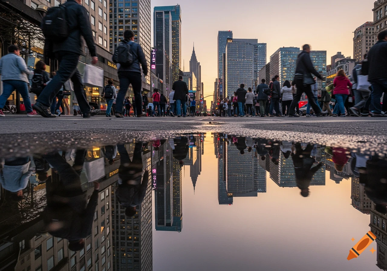 A low-angle photorealistic shot of a bustling city street at sunset, with pedestrians and tall building reflections in a street puddle.