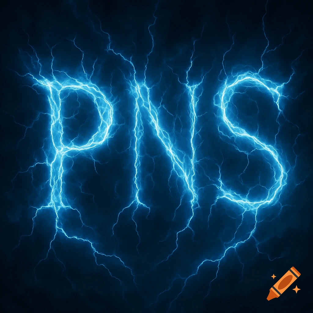 Letters PNS formed by blue electrical lightning bolts against a dark background.
