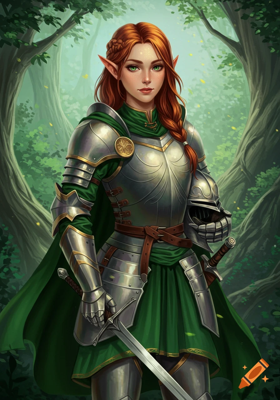 A detailed digital painting of a red-haired elf knight in silver and green armor, holding a sword and helmet, in a forest.