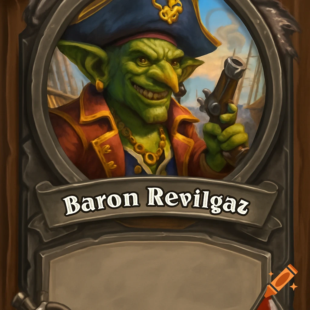 A cartoon fantasy card art of a green goblin pirate with a hooked nose and gold jewelry, wearing a blue hat and red coat, holding a flintlock pistol. Text reads 'Baron Revilgaz'.