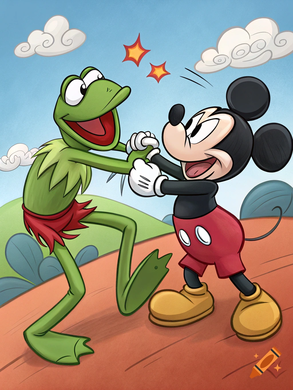 Kermit the Frog, wearing a red loincloth, and Mickey Mouse are engaged in a playful cartoon fight.