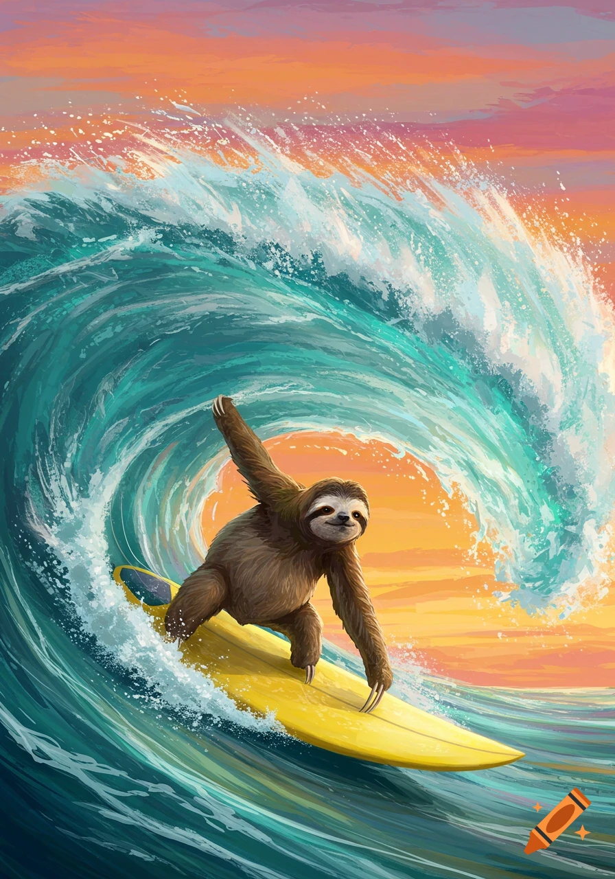 A cartoon sloth skillfully surfs a large blue wave against a vibrant orange and pink sunset.