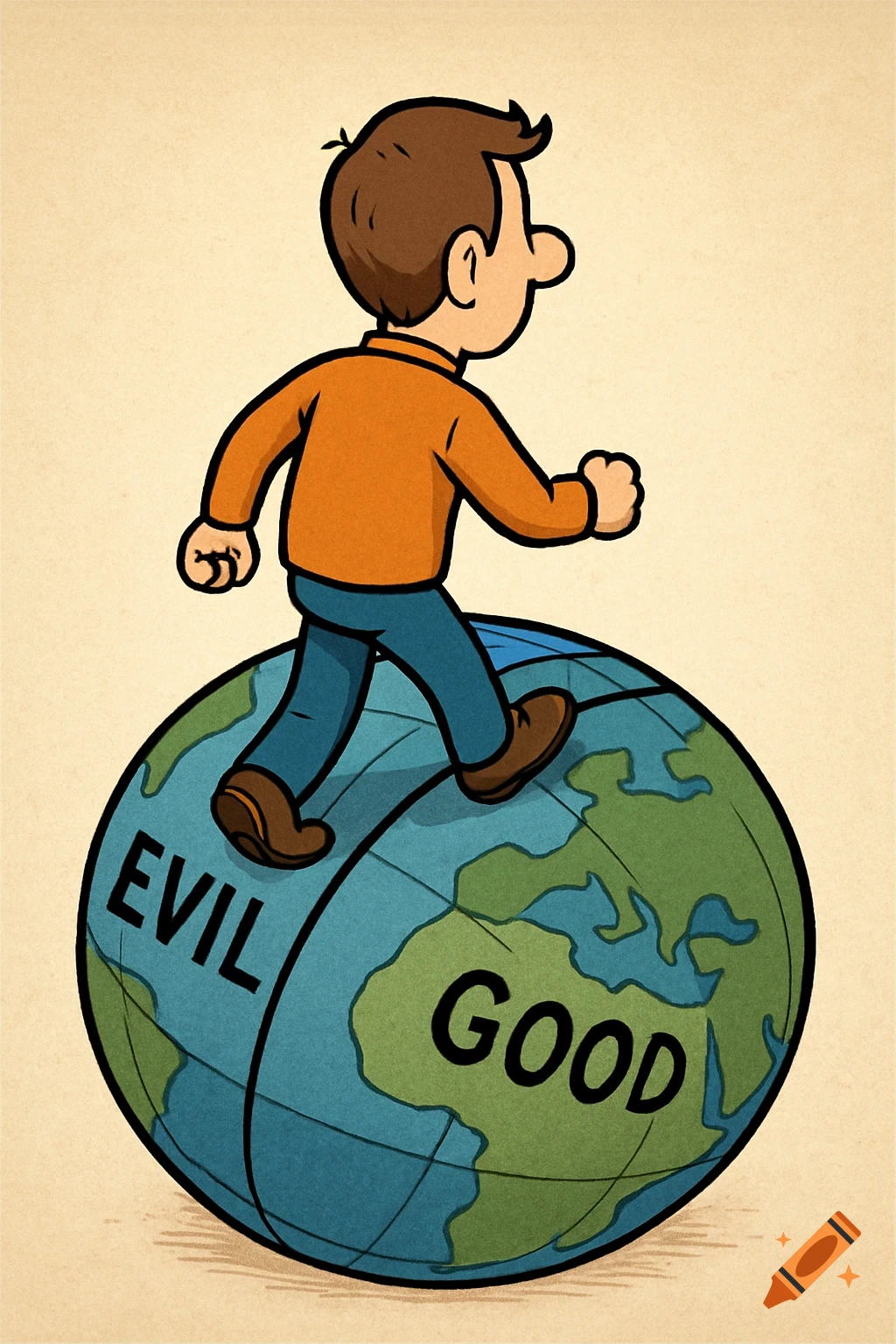 A cartoon man walks across a globe with 'EVIL' on the left side and 'GOOD' on the right, against a light background.