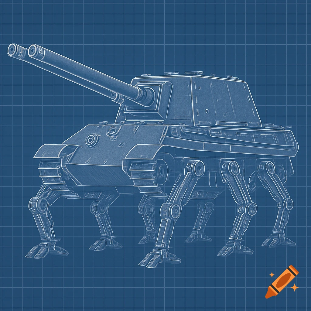 Blueprint of a futuristic tank-like vehicle with six legs and two large cannons, on a grid background.